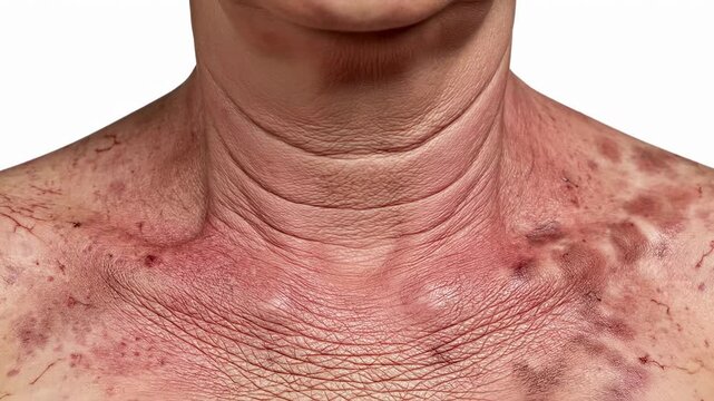Closeup Senior Neck Chest Showing Diffuse Rash Across Decolletage, Inflamed Papules And Scabs On Textured Wrinkled Skin, Clinical White Background, Diagnostic Medical Reference, Patient Undergoing.