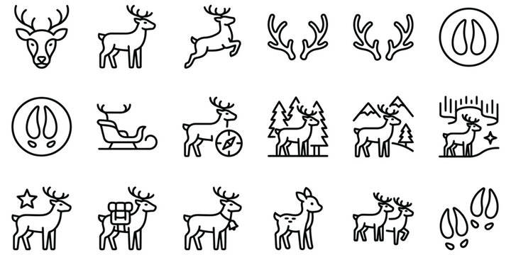 Reindeer and deer wildlife icon set containing buck antlers track hoof print sleigh compass forest mountains night sky northern lights stars.