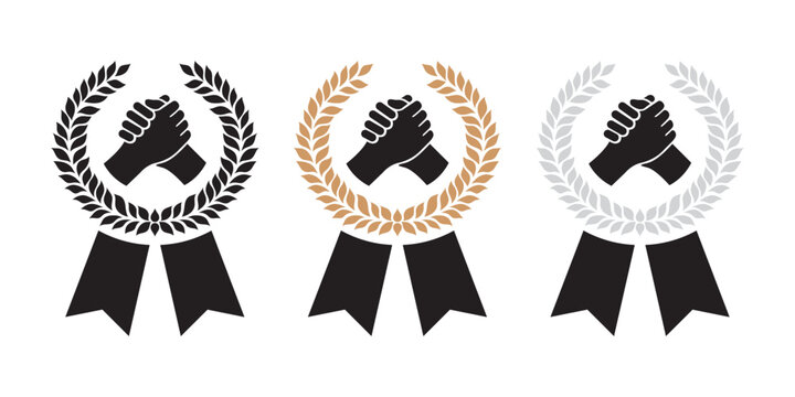 Three handshake emblems with laurel wreaths and ribbons in black, gold, and silver