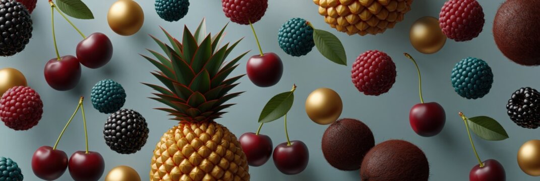 Pineapple and berries floating above muted background plane