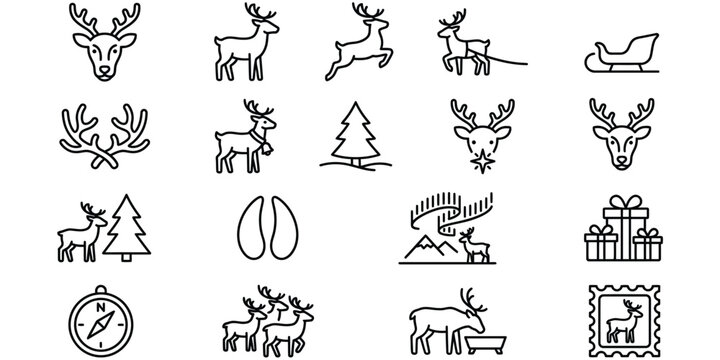 Set of 20 reindeer, sleigh, and northern nature-related line icons for holiday and winter themes.