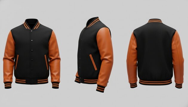 Black and orange varsity jacket mockup, front, side, and back views