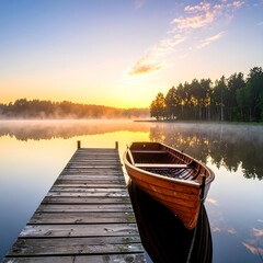 Fototapeta premium A serene lake scene at sunrise with a wooden boat
