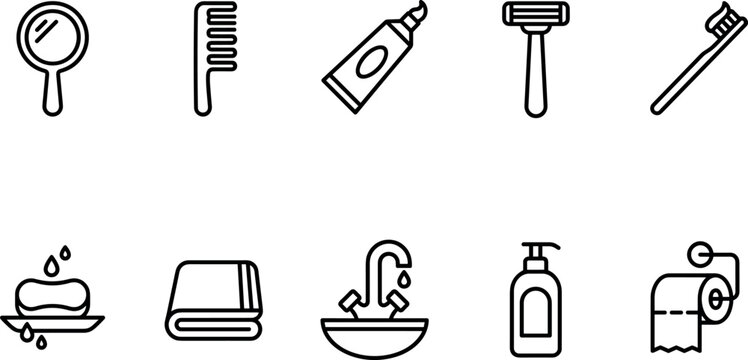 Personal care bathroom outline icon set featuring toothbrush razor mirror comb soap for hygiene healthcare lifestyle morning routine wellness minimal UI vector design.
