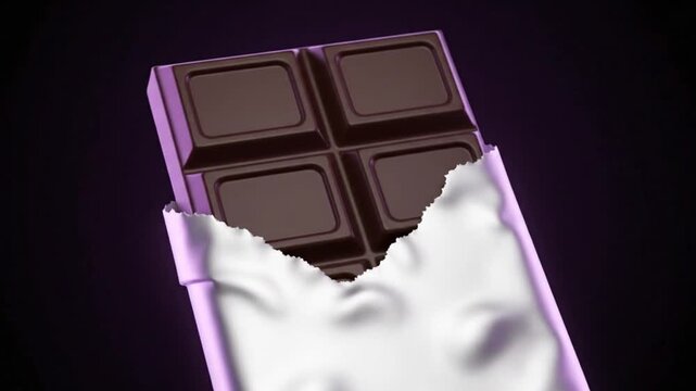 3D Animation of a Dark Chocolate Bar Rotating in a Partially Torn Silver Foil Wrapper, Luxury Dessert Concept