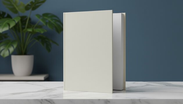 Blank book cover template standing on marbel counter against blue blurred background with a green plant. Perspektive, side view of magazine mockup