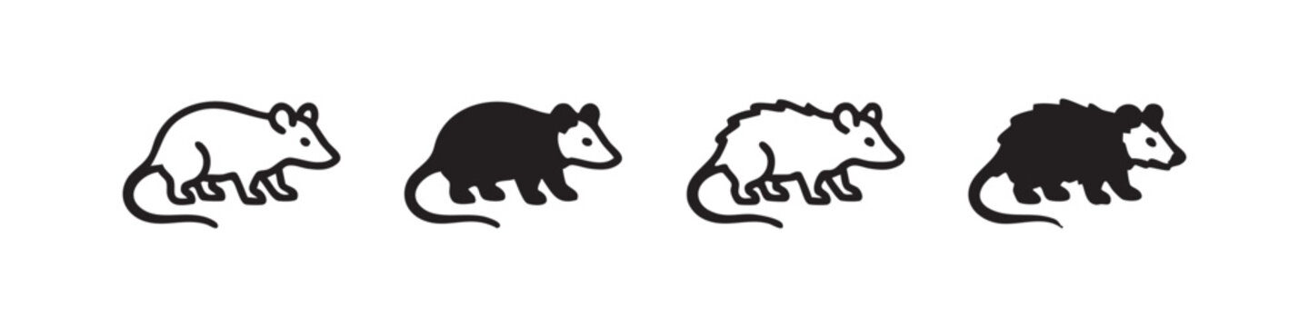 Four icons of an opossum, two outline and two solid black.