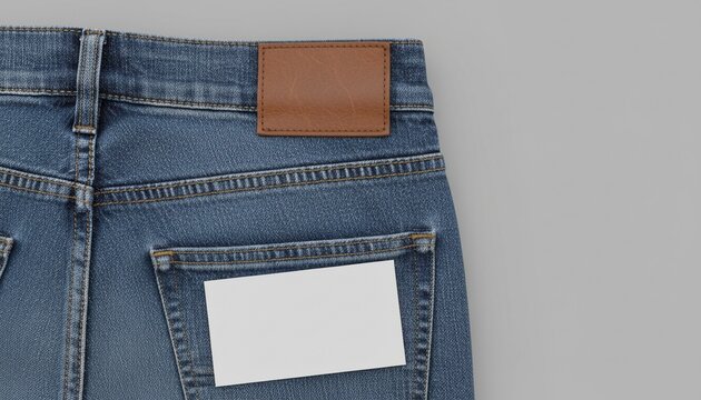 Blue denim jeans with a leather belt label sticker tab tag and empty white space. Mockup image