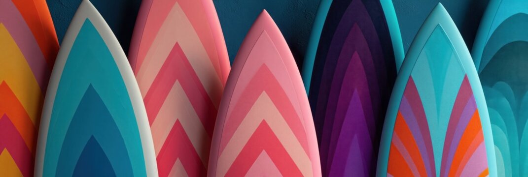 Closeup of patterned surfboard noses in colorful display wall