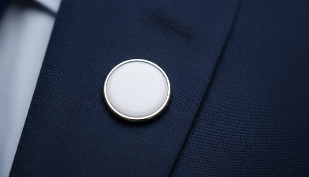 Close up of a blank round pin button attached to a navy blue suit lapel, ready for branding or logo placement, pin button mockup, corporate style