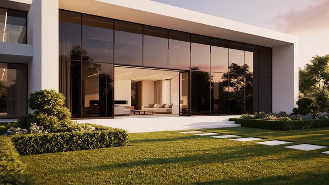 Modern house with glass facade and garden emphasizing natural beauty and pristine environments