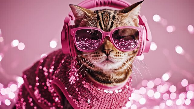 Cat wearing pink sequin outfit and headphones highlighting environmental conservation and serenity