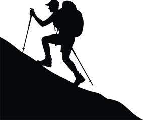 Fototapeta premium Silhouette of hiker with backpack and poles climbing a steep mountain slope