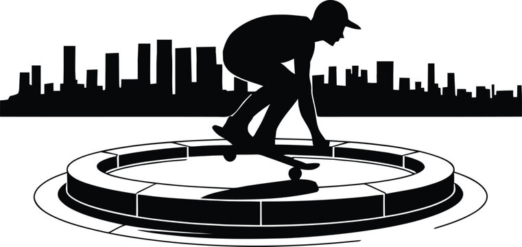 Silhouette skateboarder performing a trick over a circular fountain with city skyline