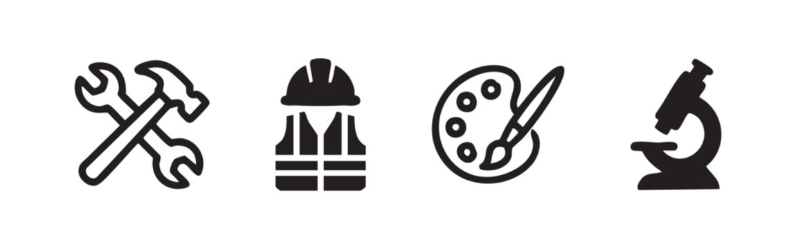 Set of 4 professional icons: tools, vest, palette, microscope