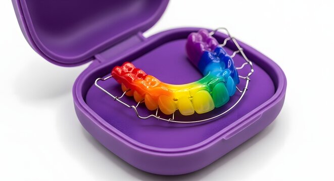 Colorful dental retainer appliance case with teeth model