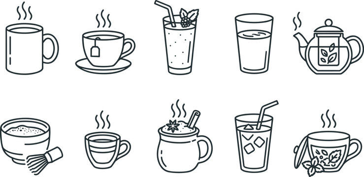 Hot and cold beverages outline icon set featuring tea coffee smoothie matcha teapot mug for cafe restaurant menu lifestyle wellness minimal UI vector design collection.