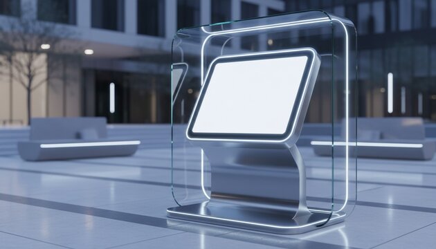 futuristic modern design of public area information signboard neon screen as touchscreen interactive blank empty white billboard menu smart kiosk machine as street advertisement display mockup