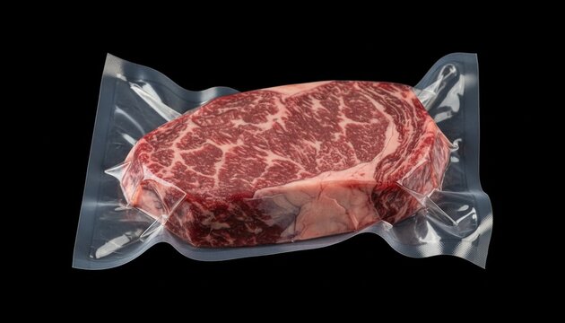High resulation image of raw Striploin marbled beef steak vacuum Packed isolated on black, logo mockup