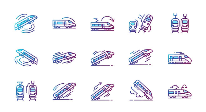Set of High-Speed Train Icons with Gradient Colors: Motion, Speed, and Modern Transport