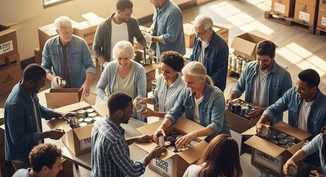 Community volunteers sorting donations for local food drive
