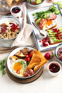 Extensive breakfast buffet with fresh products. Healthy breakfast.