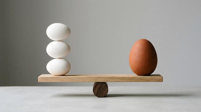 Balancing act three white eggs and one brown egg on a see saw