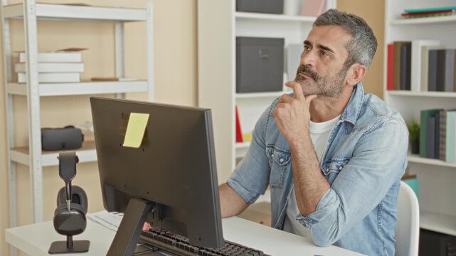 Man typing on computer at desk in building with keyboard and headphones, bookshelves and monitor visible; concentration problem solving.