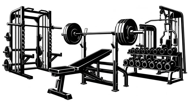 Gym Equipment Including Weights Bench and Dumbbells.