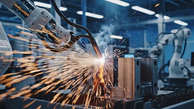 Industrial robotic arm welding metal highlighting industrial scale and construction progress