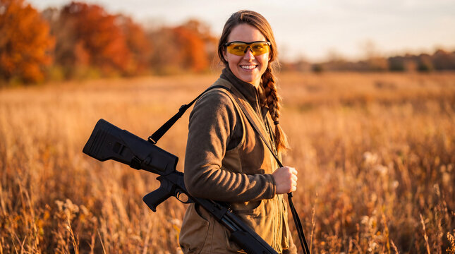 Woman Hunter with Shotgun in Autumn Field at Sunset
