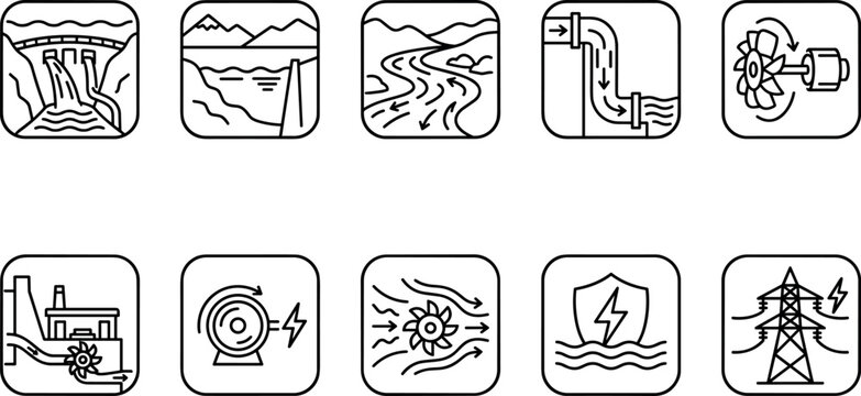 Hydroelectric power and renewable water energy outline icon set featuring dam turbine generator river for industrial sustainability environment ecology minimal UI vector design.