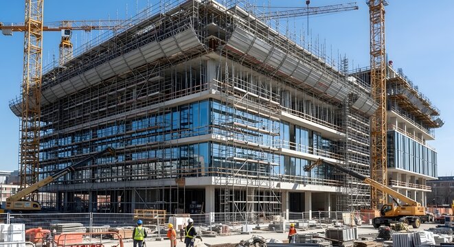 Construction site building under development with cranes