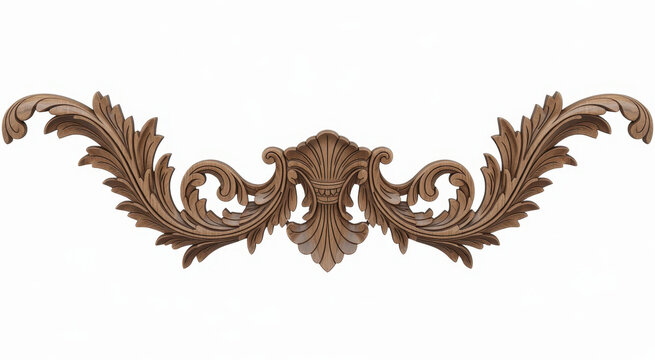 Ornate wooden carved decorative with floral acanthus leaf patterns on white background