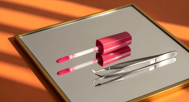 Cosmetic Applicators and Tools Displayed on Reflective Surface