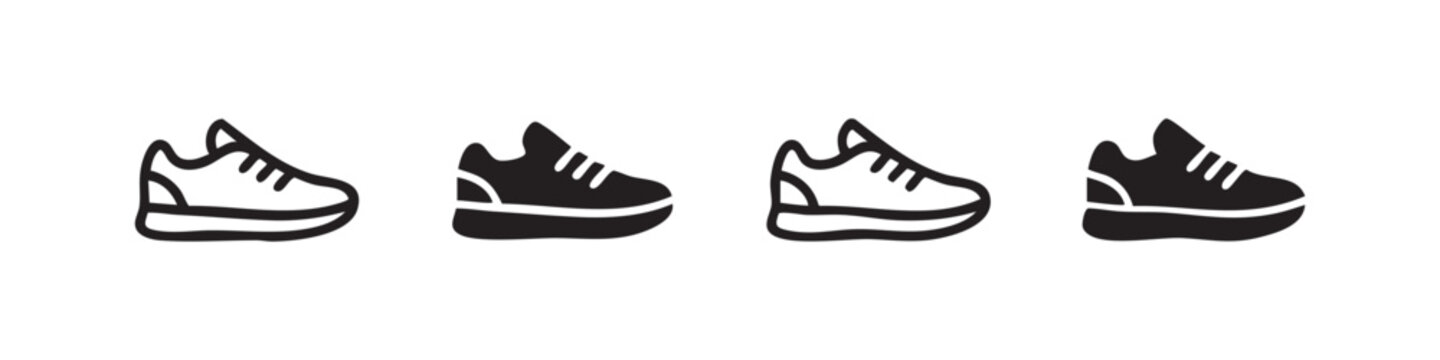 Set of four sneaker icons in outline and silhouette styles