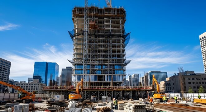 Construction site view of skyscraper under development in city