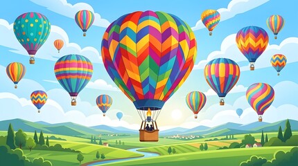 Fototapeta premium Vibrant hot air balloons float serenely amidst green landscape scenery