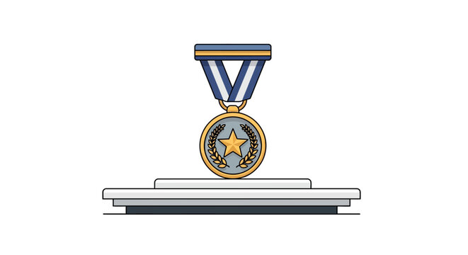 Vector illustration of a gold military medal with a star and laurel wreath on a blue and white striped ribbon, placed on a three-tiered white podium stand isolated on white.
