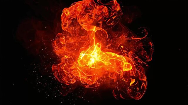 A massive fireball burning fiercely in the darkness, with dynamic movement of sparks.