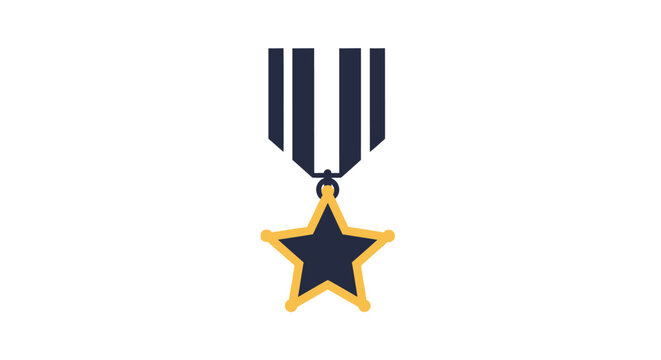 Flat vector illustration of a military merit medal featuring a five-pointed star with gold outlines and rounded tips hanging from a navy blue and white striped ribbon on a white background.