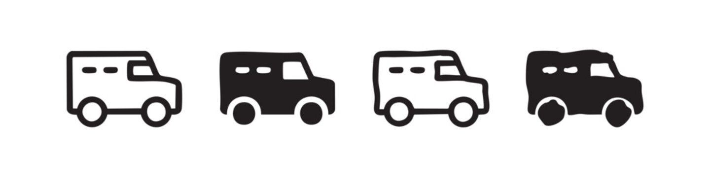 Four stylized icons of buses or minivans in black and white