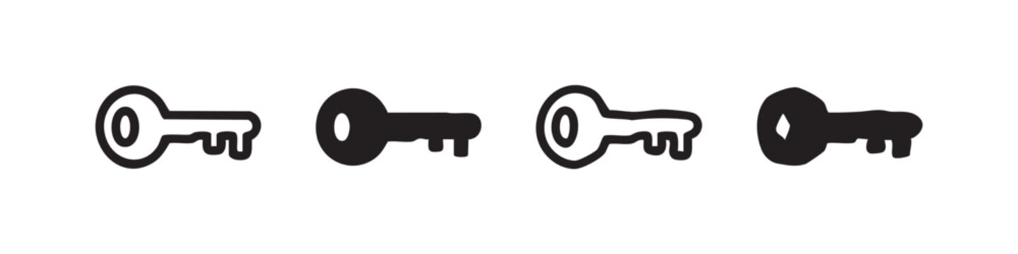 Four stylized illustrations of keys in black and white