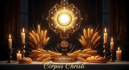 Golden monstrance with wheat and candles, corpus christi celebration