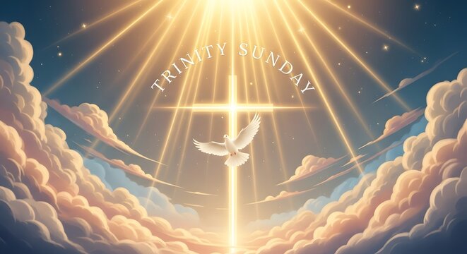 Trinity sunday concept with dove, light rays, and clouds