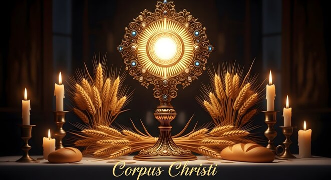 Golden monstrance with wheat and candles, corpus christi celebration