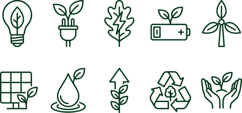 Renewable green energy outline icon set featuring wind turbine solar panel recycle leaf bulb for sustainability environment conservation ecology minimal UI vector design.