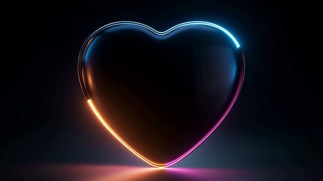 Neon heart glow in dark abstract reflective futuristic romantic light shape symbol of love, glossy vibrant outline on minimal background