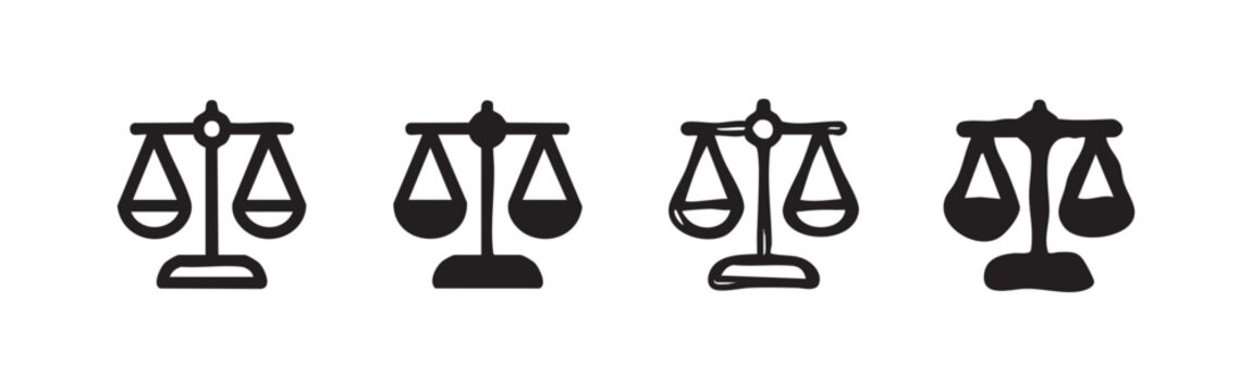 Set of four scales of justice icons, line art and solid fill styles