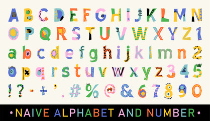 Playful hand drawn naive doodle alphabet font with cute cartoon style, bright colorful letters for Kids Design, Poster, Packaging and Creative Typography © Pro_Vector